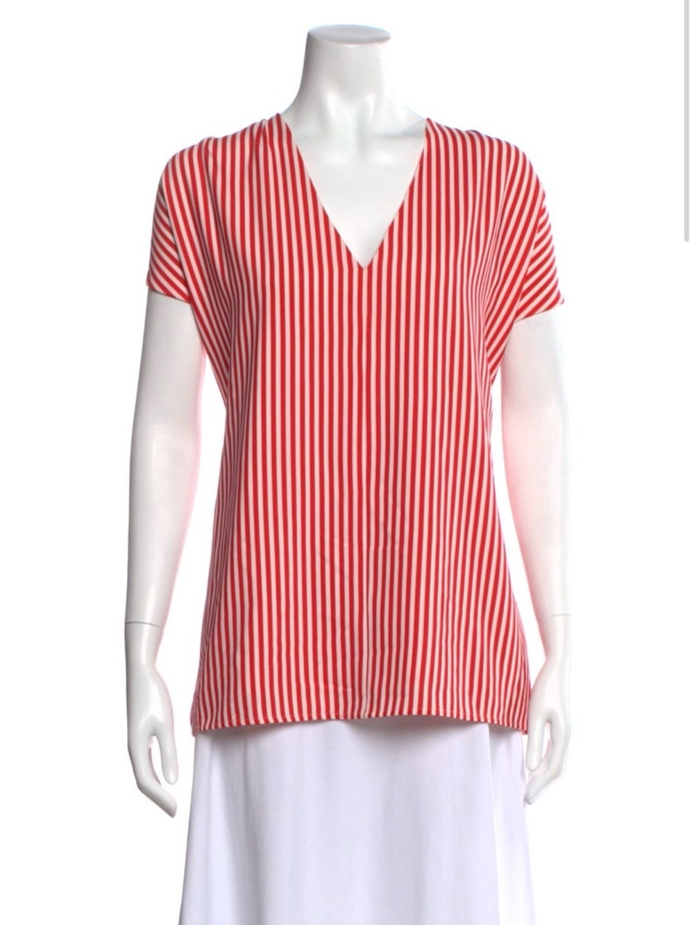 Sandra Weil Red and White Vertical Stripe V-Neck Top with Rope Detail. Size 4